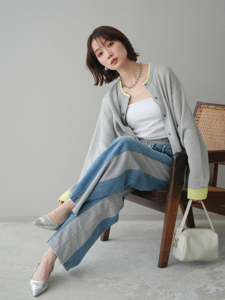 [SET]バイカラーオーバーニットカーディガン+デニム切替スウェットパンツ(2set)