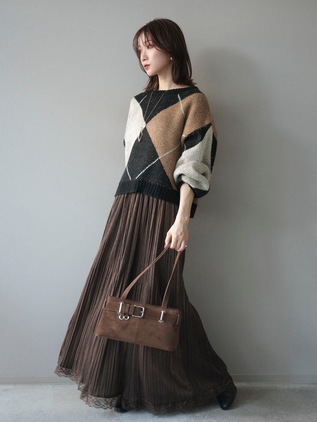 [SET]配色ステッチアーガイル柄ニットプルオーバー+裾レーススウェードプリーツマキシスカート(2set)
