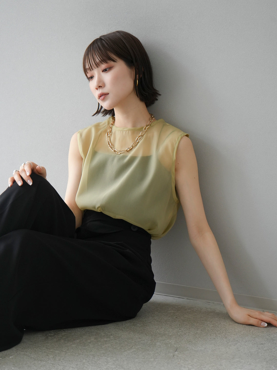 [SET] Organza sleeveless top + wrap wide pants (2set)