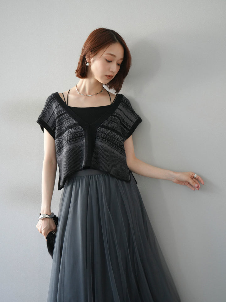 [予約]ガーター編み2WAYニットベスト/グレー×ブラック
