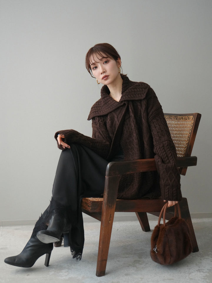 [予約]ケーブル編みデザインニットカーディガン/brown
