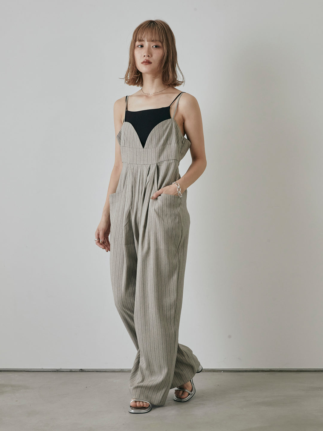 【預購】人字紋條紋工裝褲/米白色