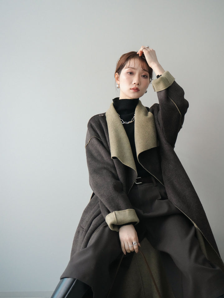 [予約]ダブルフェイスバイカラーロングコート/khaki