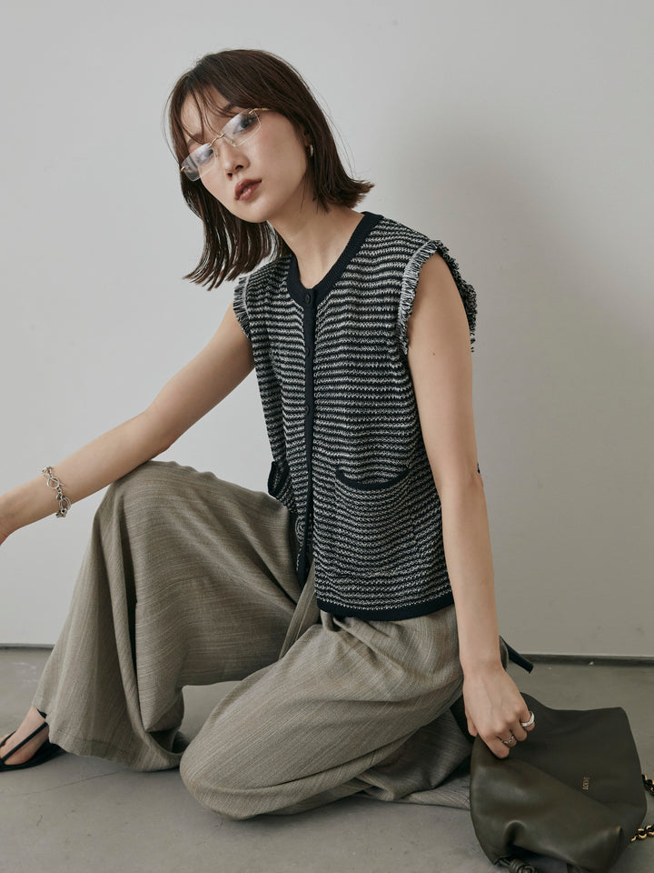 [予約]ボーダー袖フリンジニットベスト/ブラック