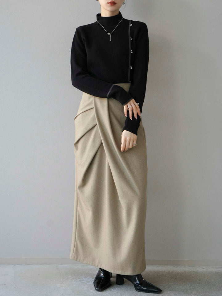 [予約]ボトルネック配色デザインボタンニットトップス/ブラック