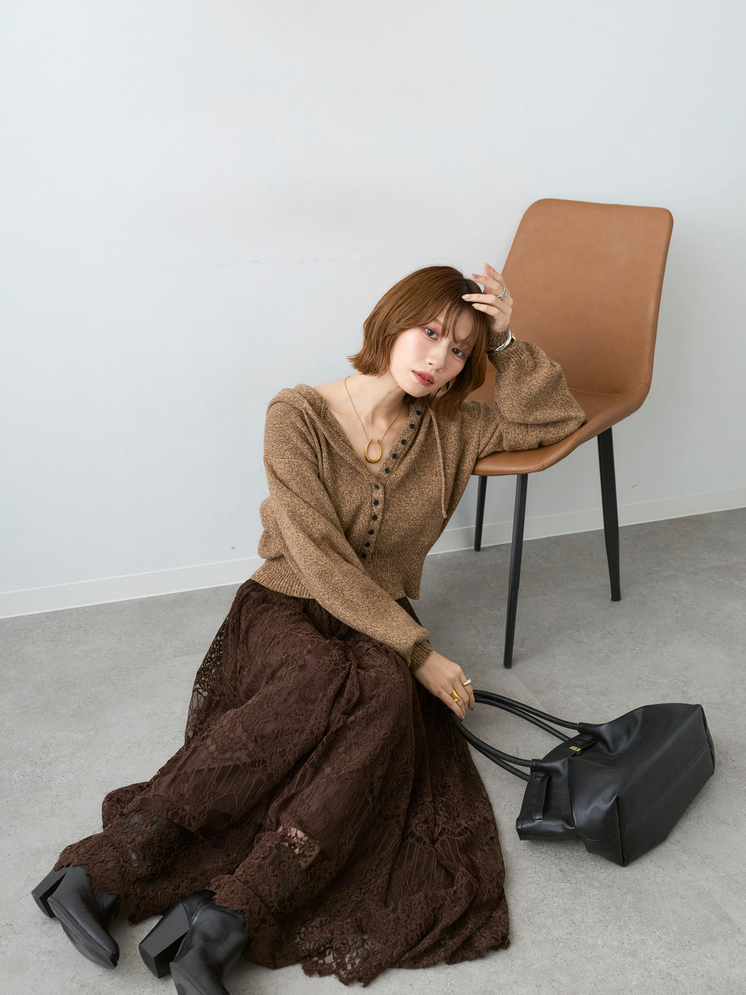 [予約]メランジボリュームスリーブフードニットカーディガン/brown