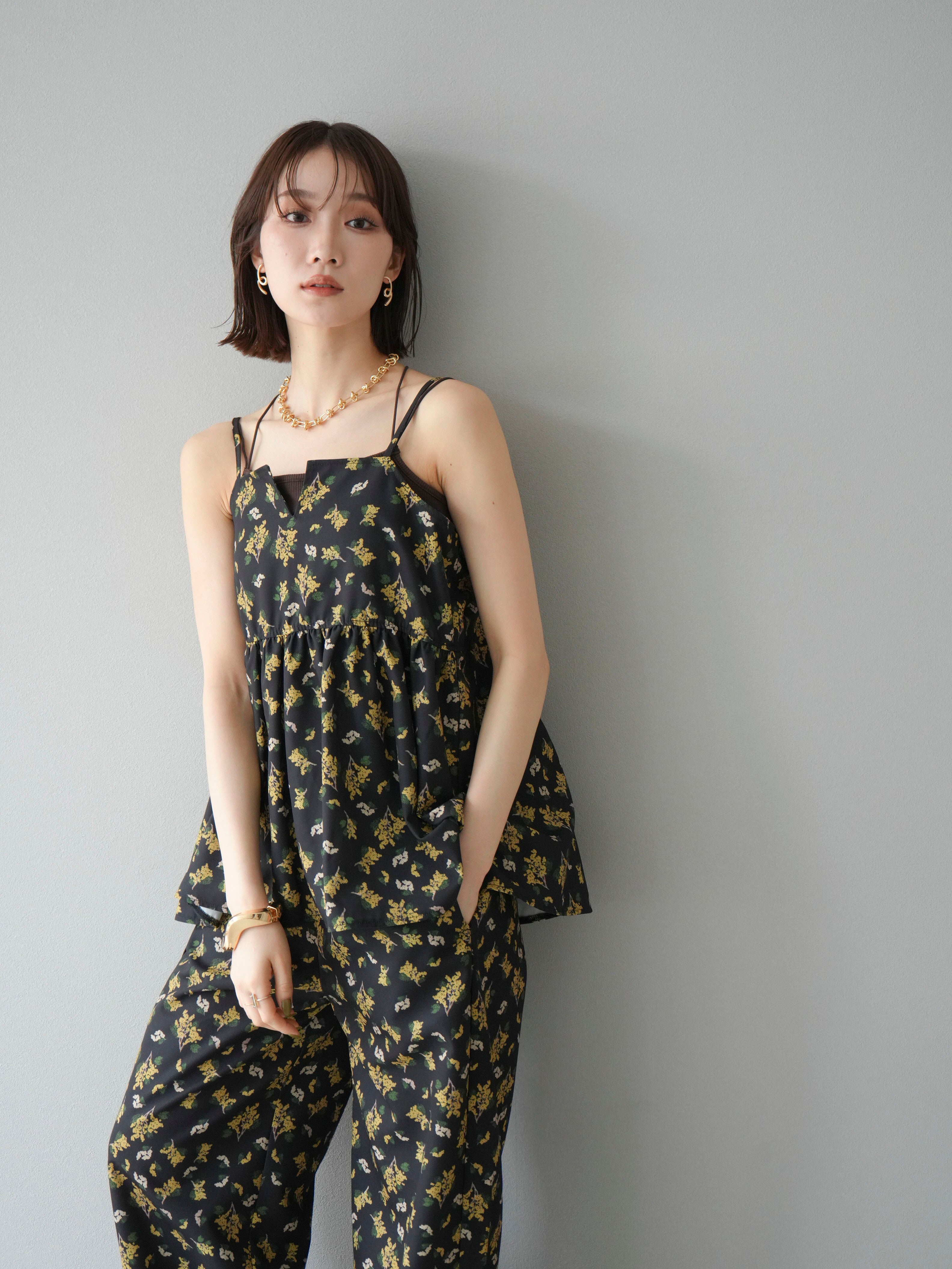 SET]ブーケプリントキャミソール+カップ付きバッククロス