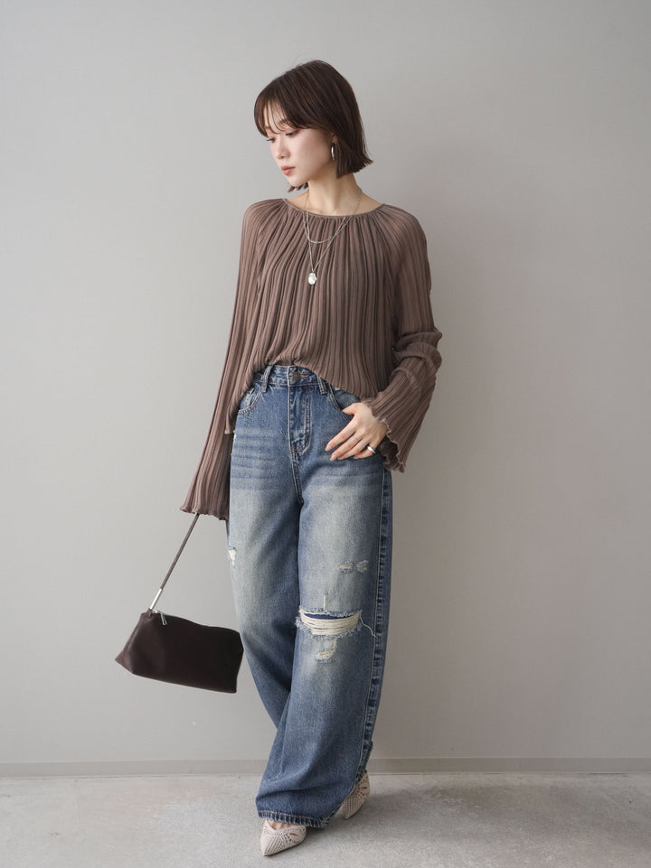 [予約]ダメージデニムセミワイドパンツ/blue