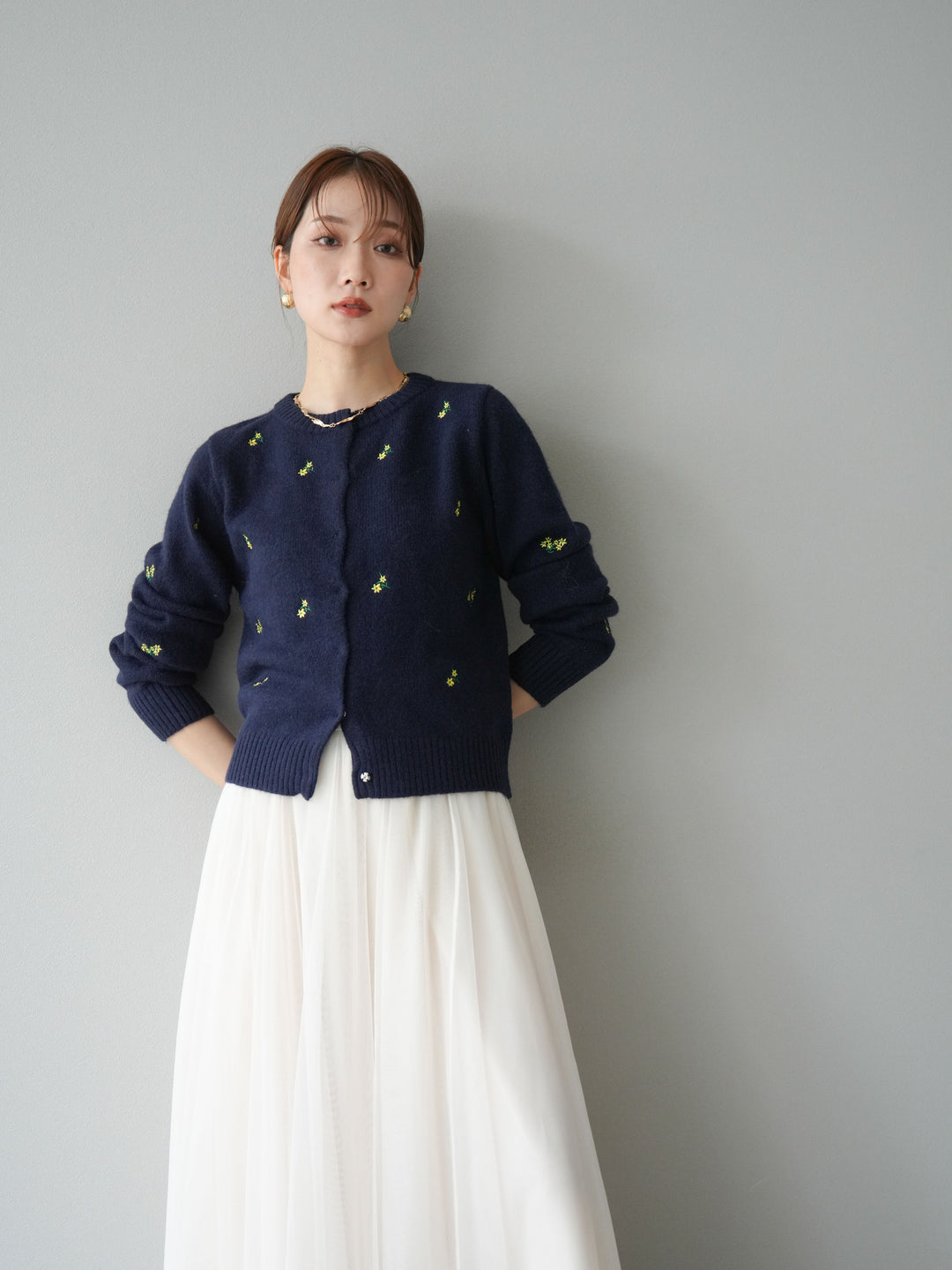 [SET]フラワー刺繍ニットカーディガン+チュールボリュームスカート(2set)