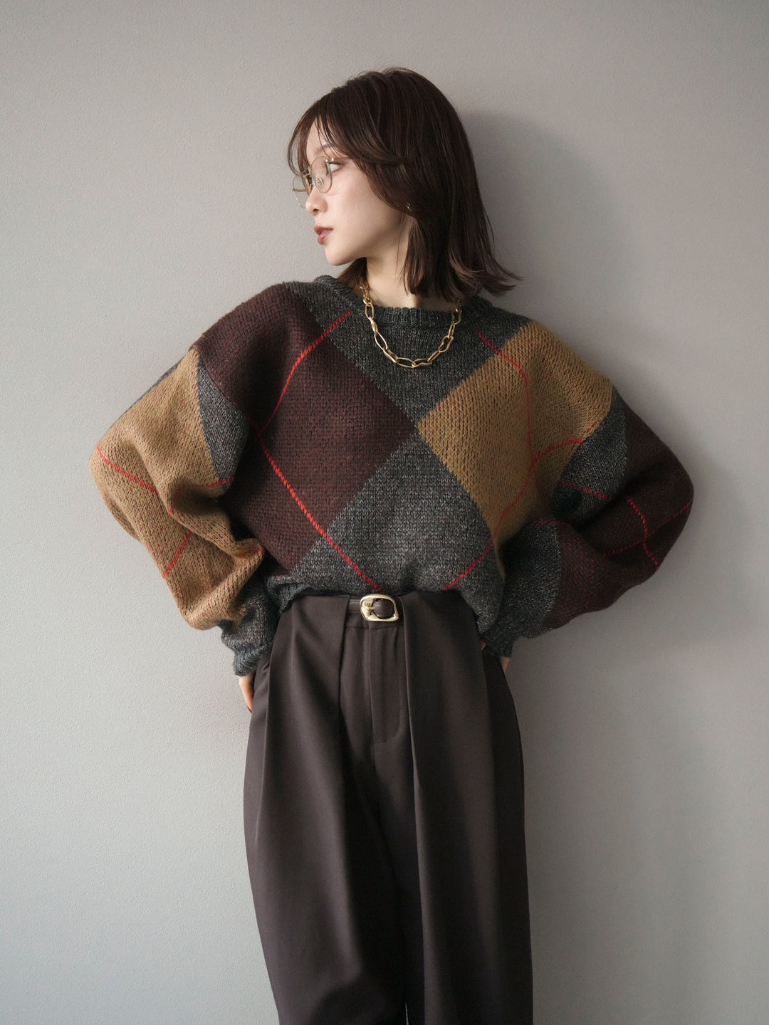 [SET]配色ステッチアーガイル柄ニットプルオーバー+選べるアクセセット(2set)