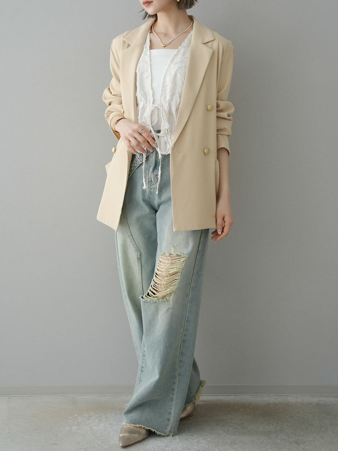 [予約]シアージャガードシャーリングブラウス/アイボリー