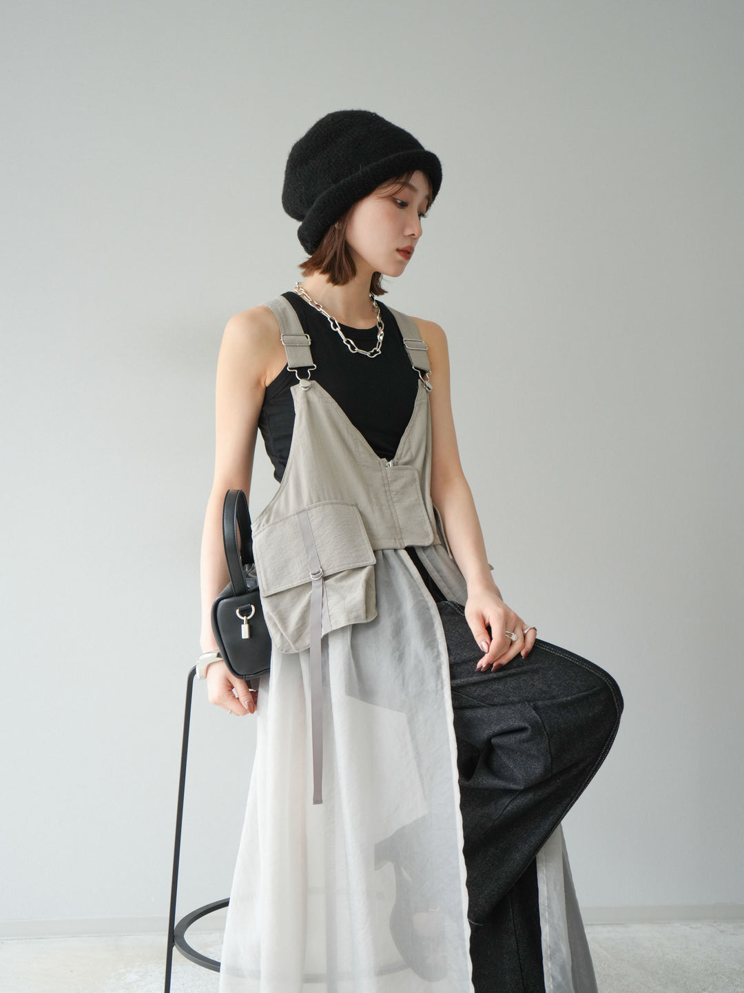 [予約]タクティカルベストオーガンザワンピース/グレージュ