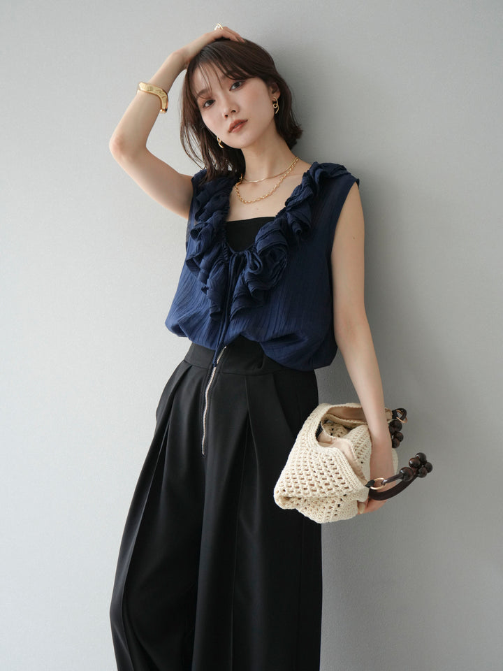 [予約]ワッシャーラッフルノースリーブブラウス/ネイビー