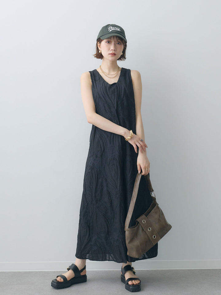 [予約]Vネックシアージャガードノースリワンピース/black