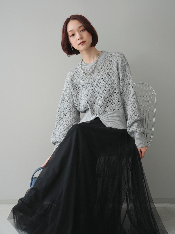 [予約]透かし編みフロントジップスリットニットプルオーバー/gray