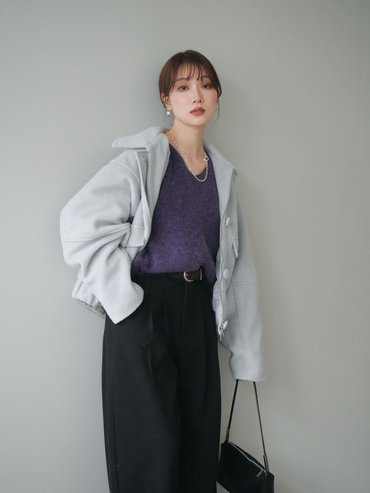 [SET]ウールライクフライトジャケット+シュシュ付きアンゴラタッチVネックニットプルオーバー+アニマル柄ベルト付きウールタッチワイドパンツ(3set)