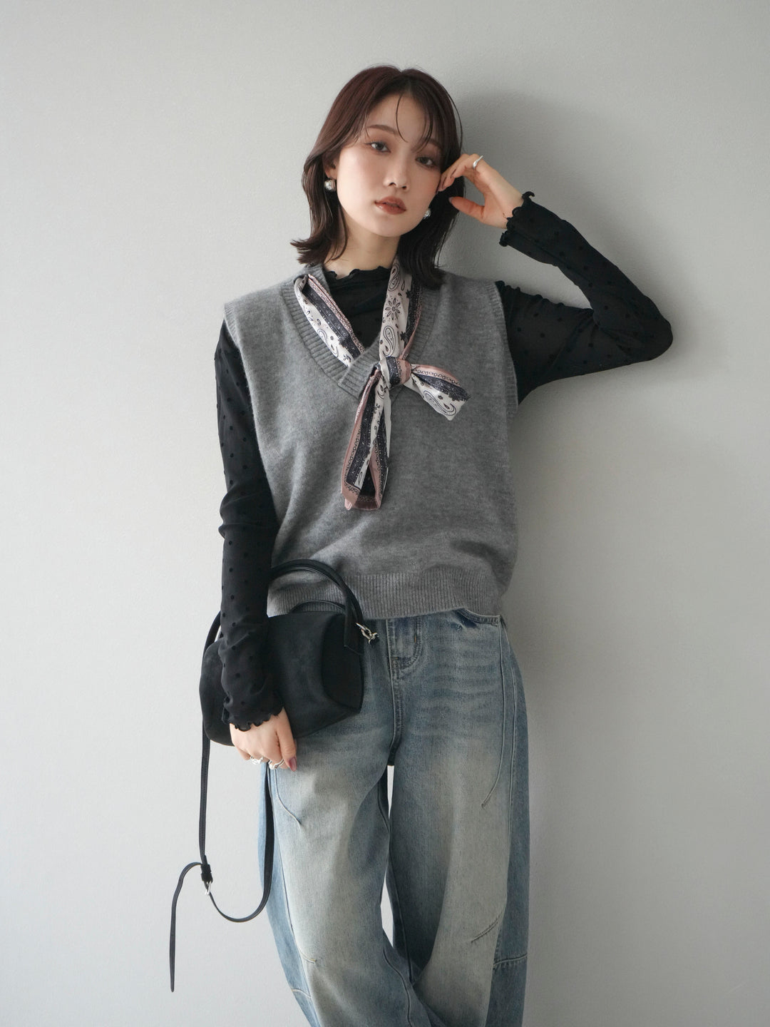 [予約]スカーフ付きニットベスト/gray