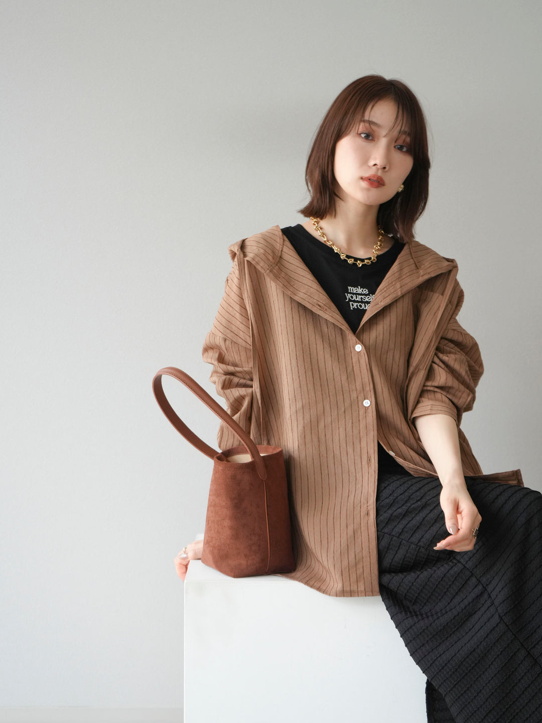 [予約]ワッシャーストライプフーディーシャツ/ブラウン