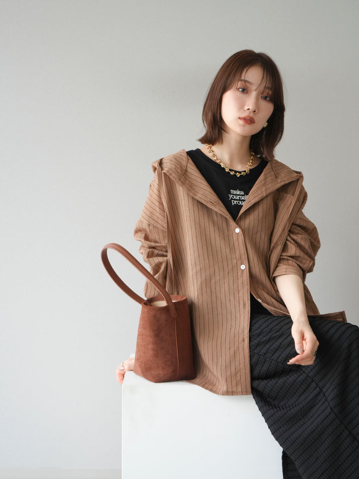 [予約]ワッシャーストライプフーディーシャツ/ブラウン