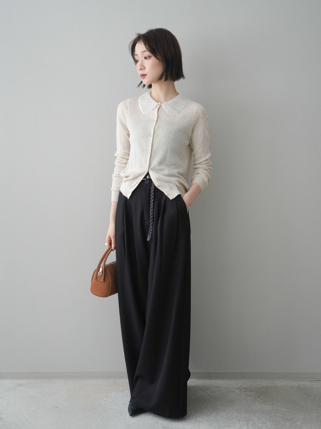 [予約]編み込みベルト付タックワイドパンツ/black