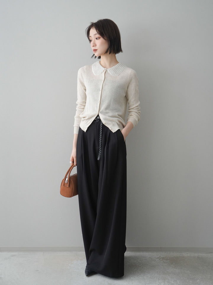 [予約]編み込みベルト付タックワイドパンツ/black