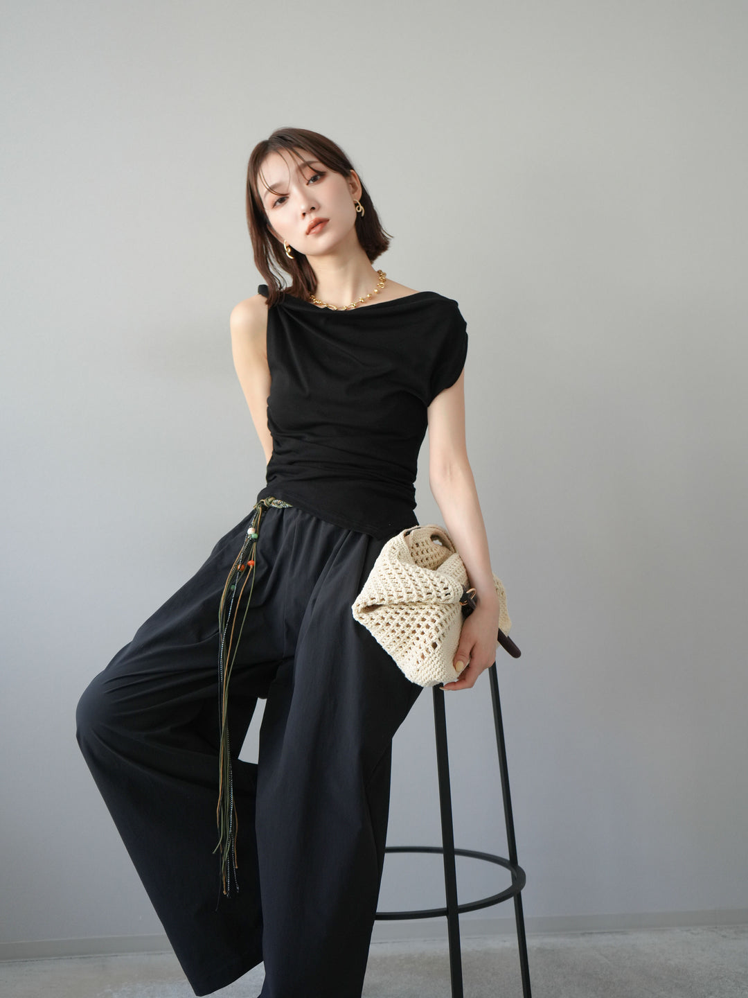 [SET]タックデザイントップス＆ビーズベルト付きパンツSET UP(2set)