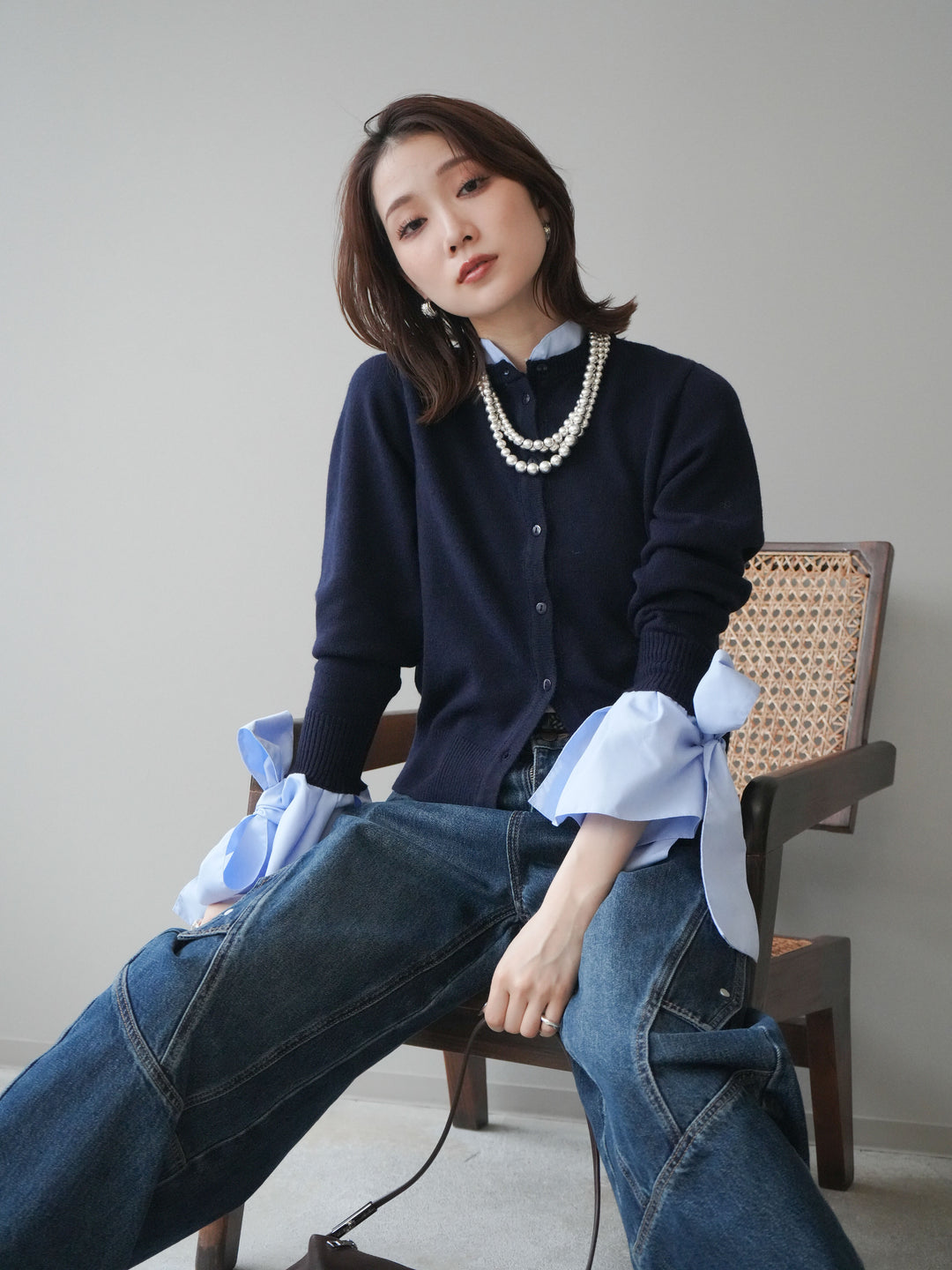 [予約]ウールライクリボンシャツカーディガン/navy