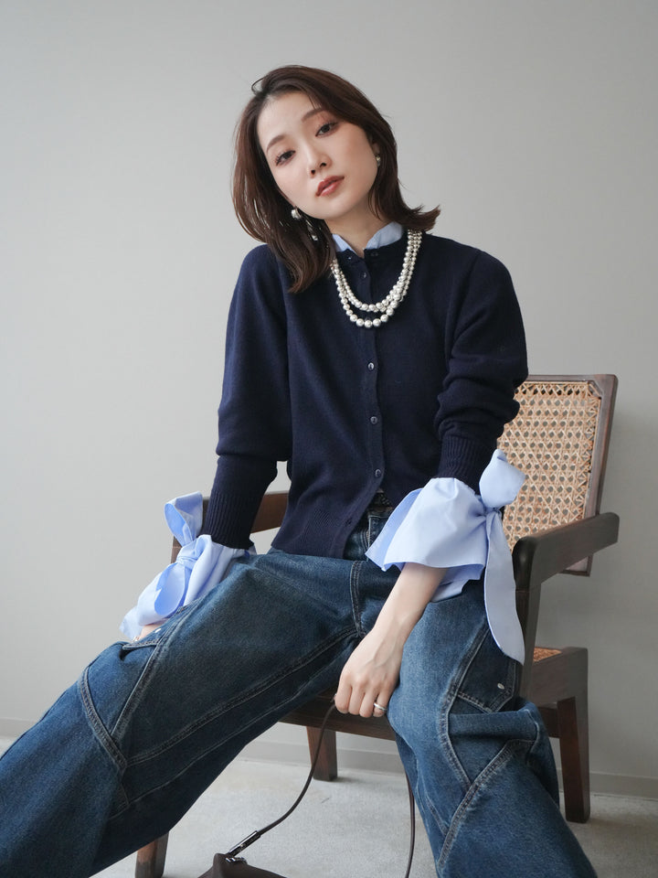 [予約]ウールライクリボンシャツカーディガン/navy