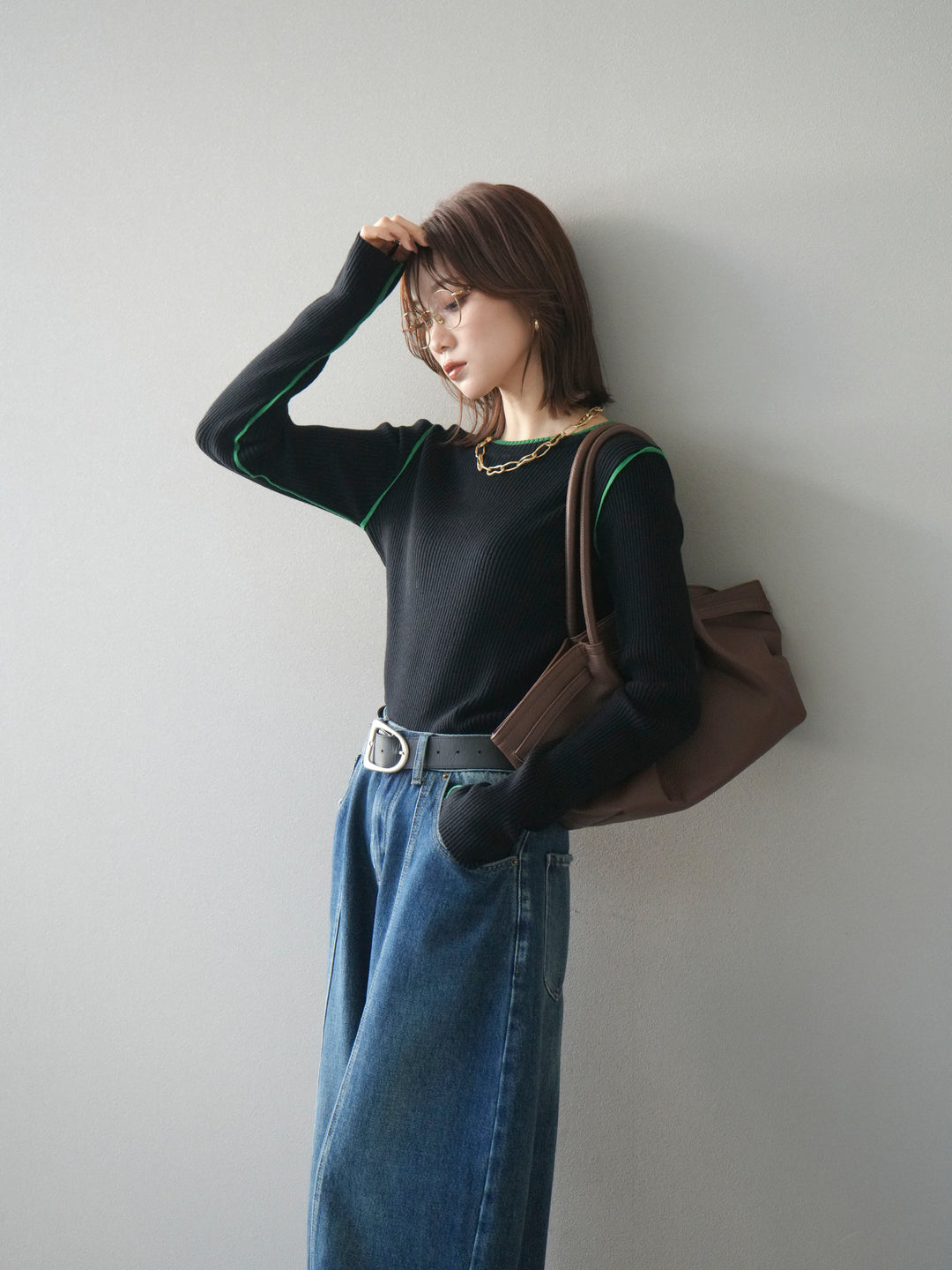 [予約]バイカラークルーネックリブニットトップス/black