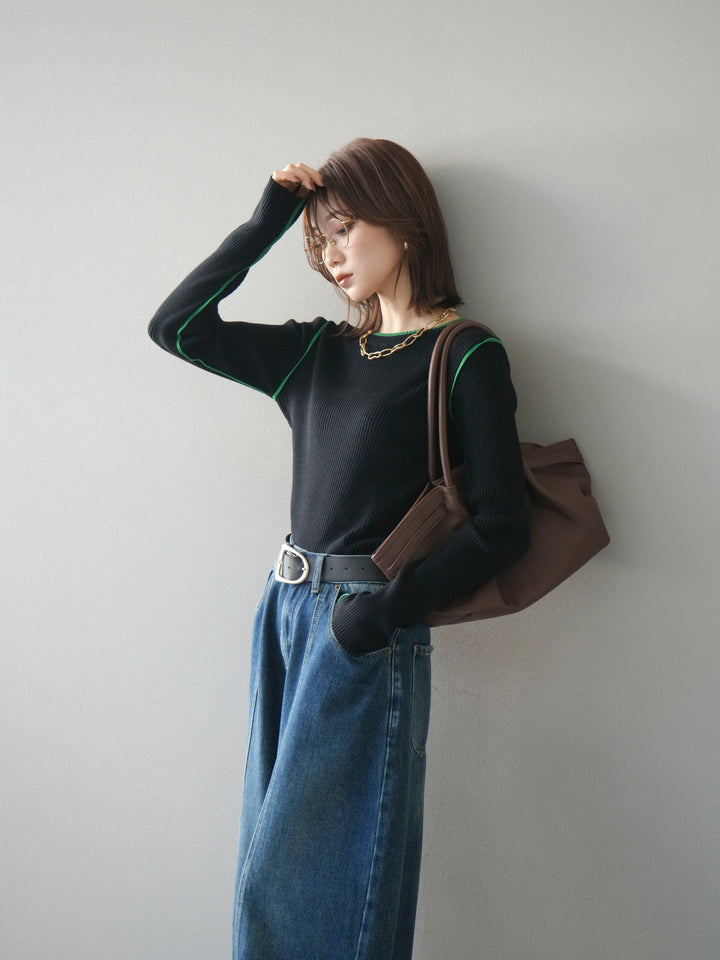[予約]バイカラークルーネックリブニットトップス/black