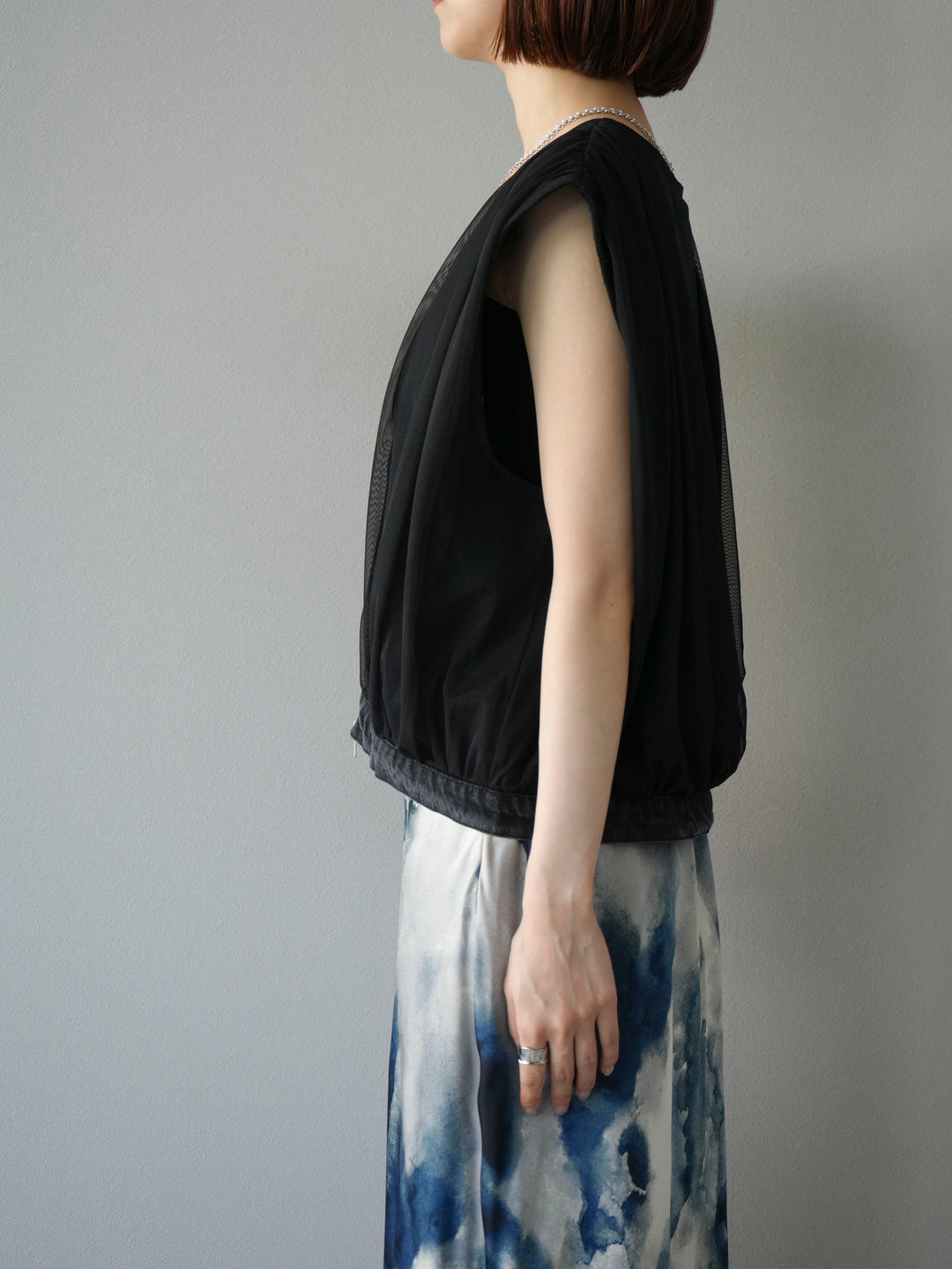 [予約]チュールドッキングデニムダブルZIPベスト/ブラック