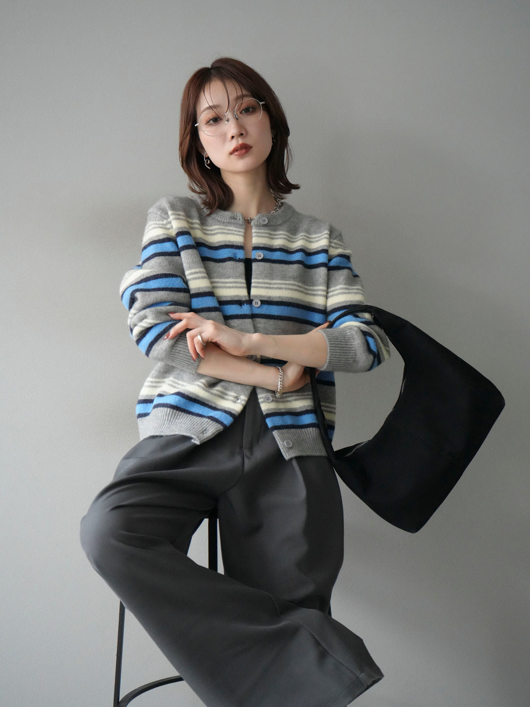 [予約]マルチボーダーニットカーディガン/gray