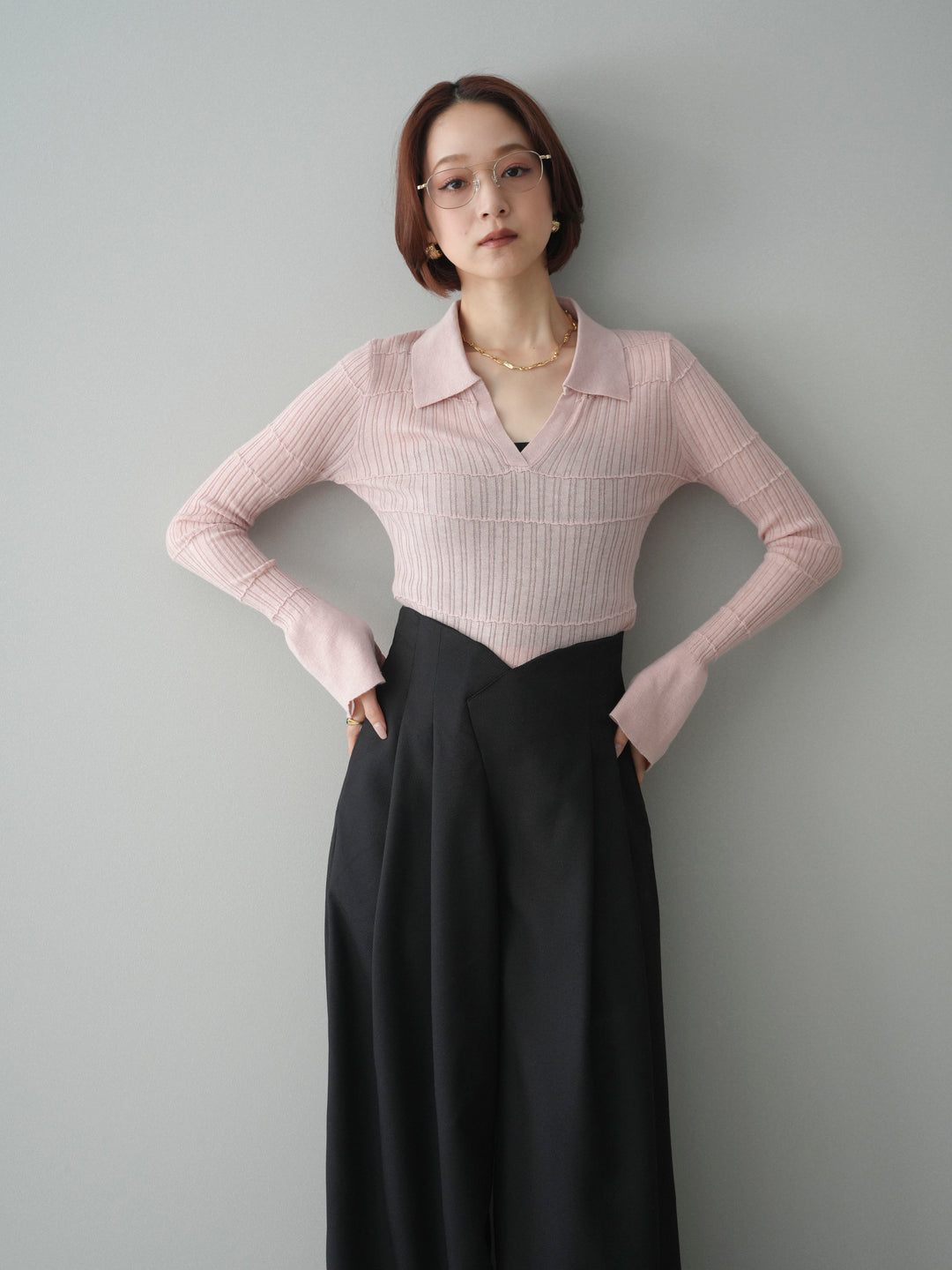 [予約]シアーリブスキッパーニットトップス/pink