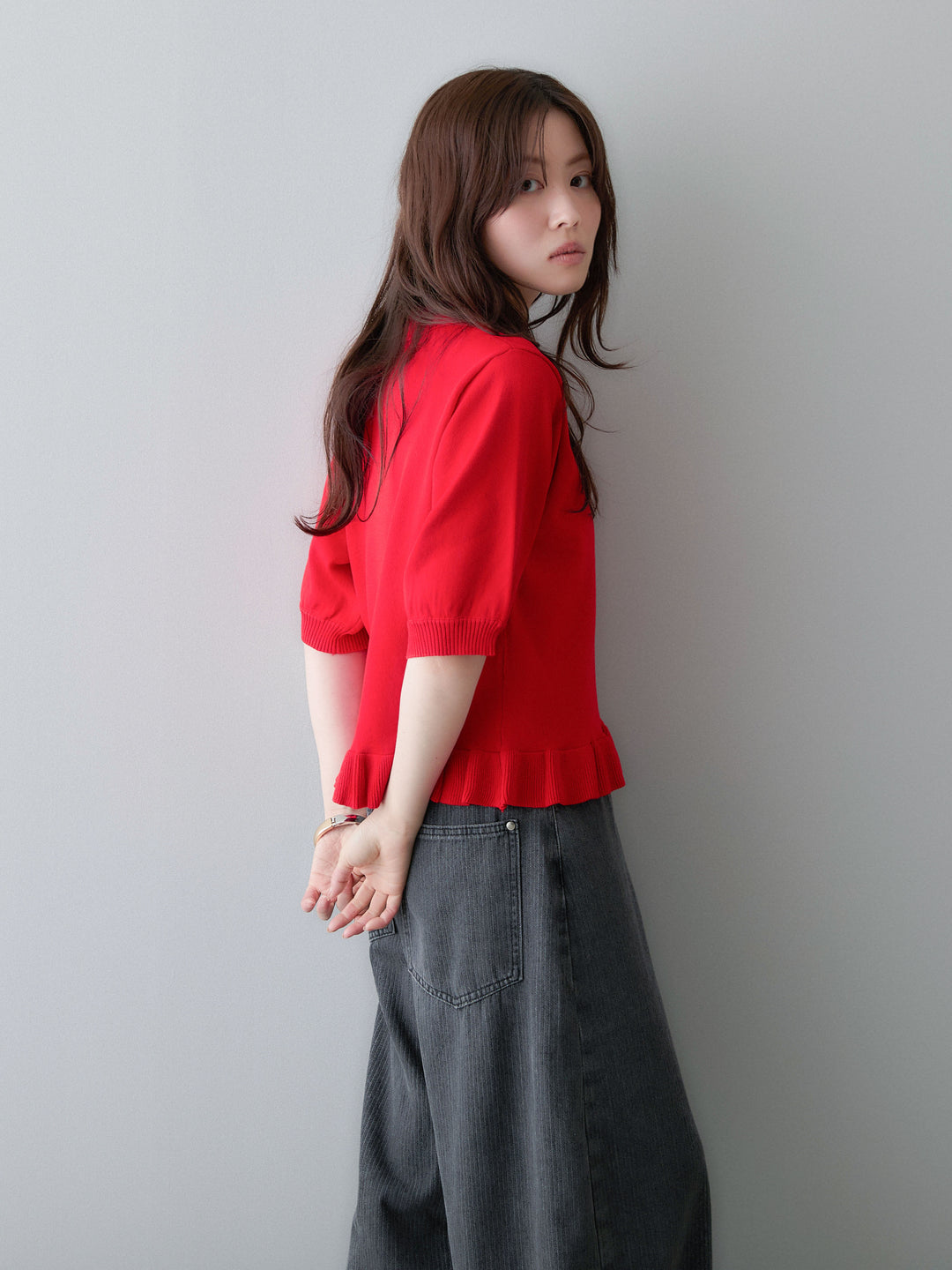 [予約]クールタッチポロフリルニットプルオーバー/red