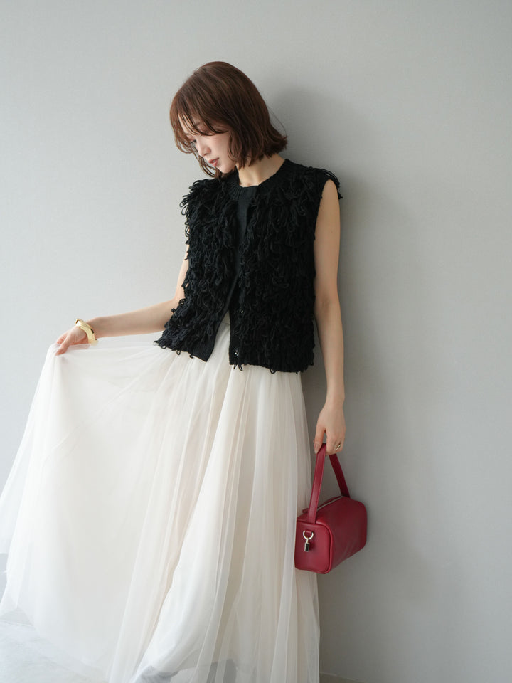 [SET] 前開衩針織背心 + 薄紗蓬鬆裙 (2 件套)