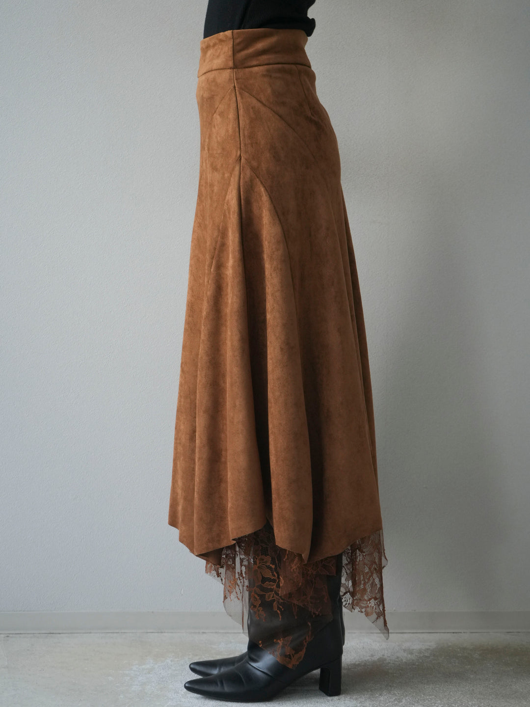 [予約]スエード裾レースアシンメトリースカート/camel