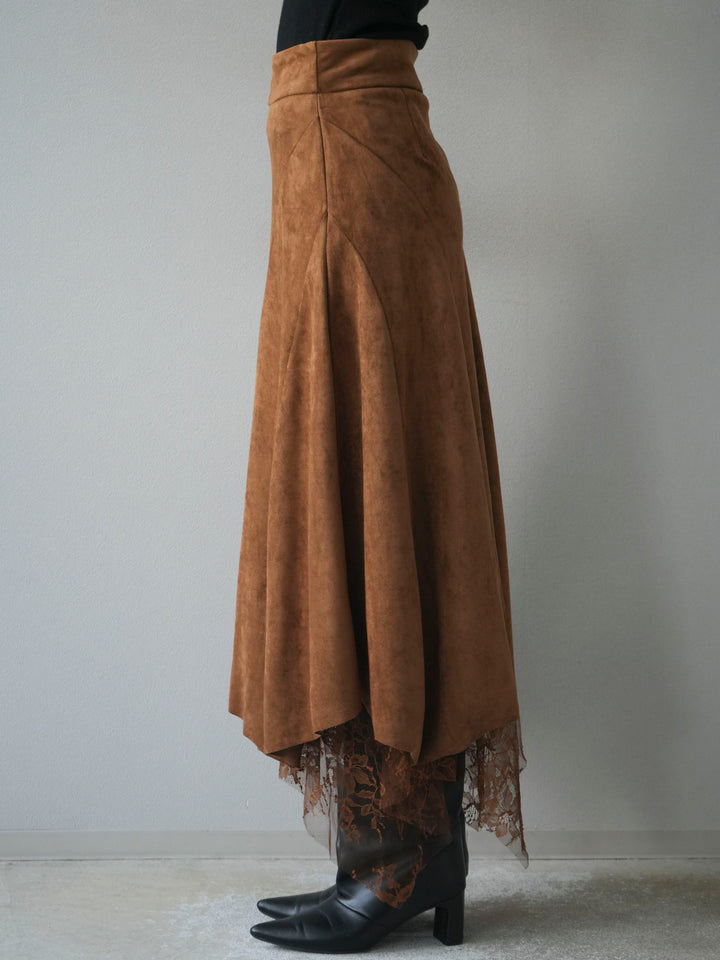 [予約]スエード裾レースアシンメトリースカート/camel