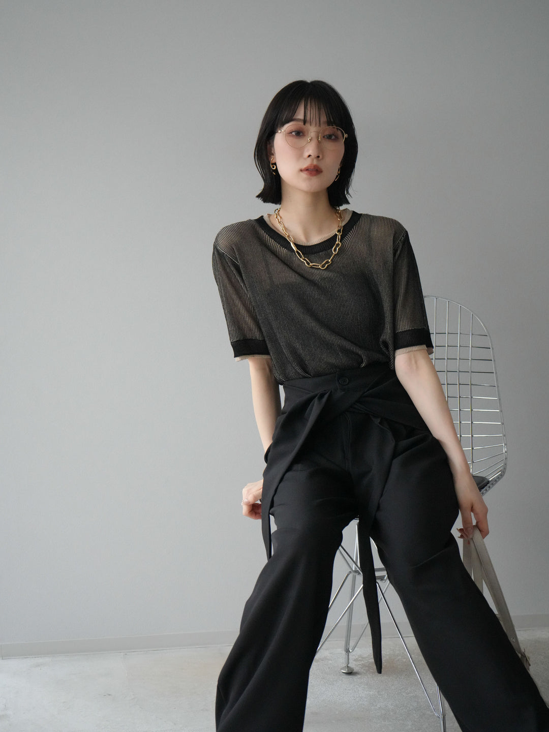 [SET]リネンタッチ配色二重臼ハーフニットトップス+ウエスト巻きデザインワイドパンツ(2set)