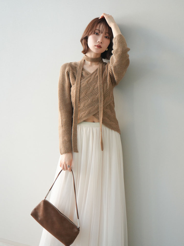 [予約]ケーブル編みクロスニットトップス/camel