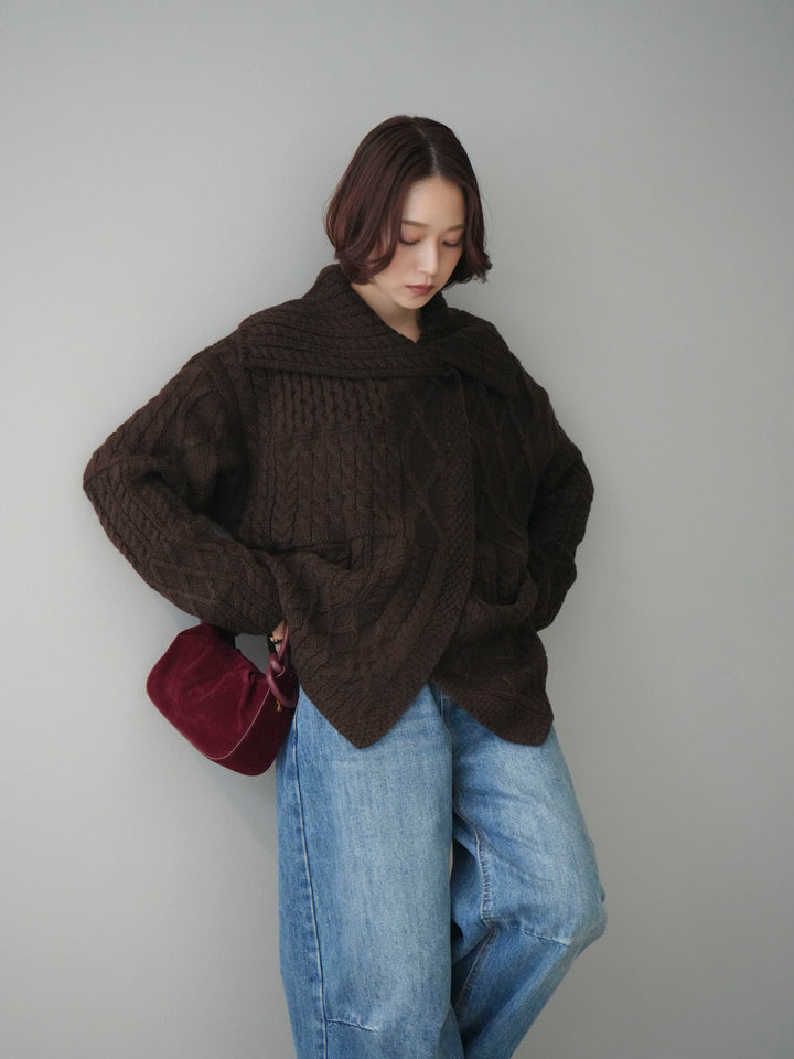 [予約]ケーブル編みデザインニットカーディガン/brown