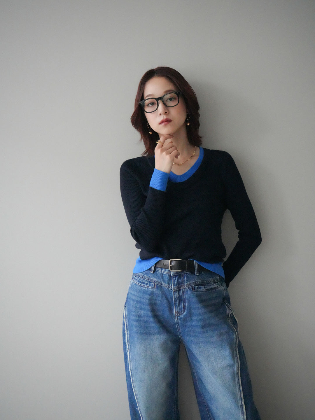 [SET]Uネック配色レイヤードリブニットトップス+サイドフリンジワイドデニムパンツ(2set)