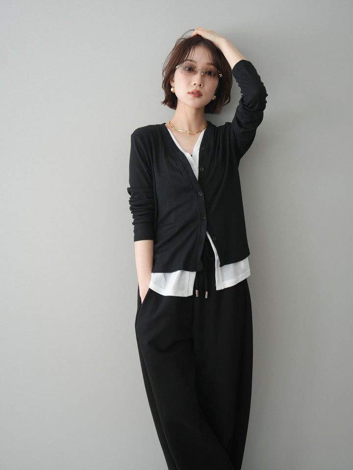 [予約]配色レイヤードカットリブカーディガン/black