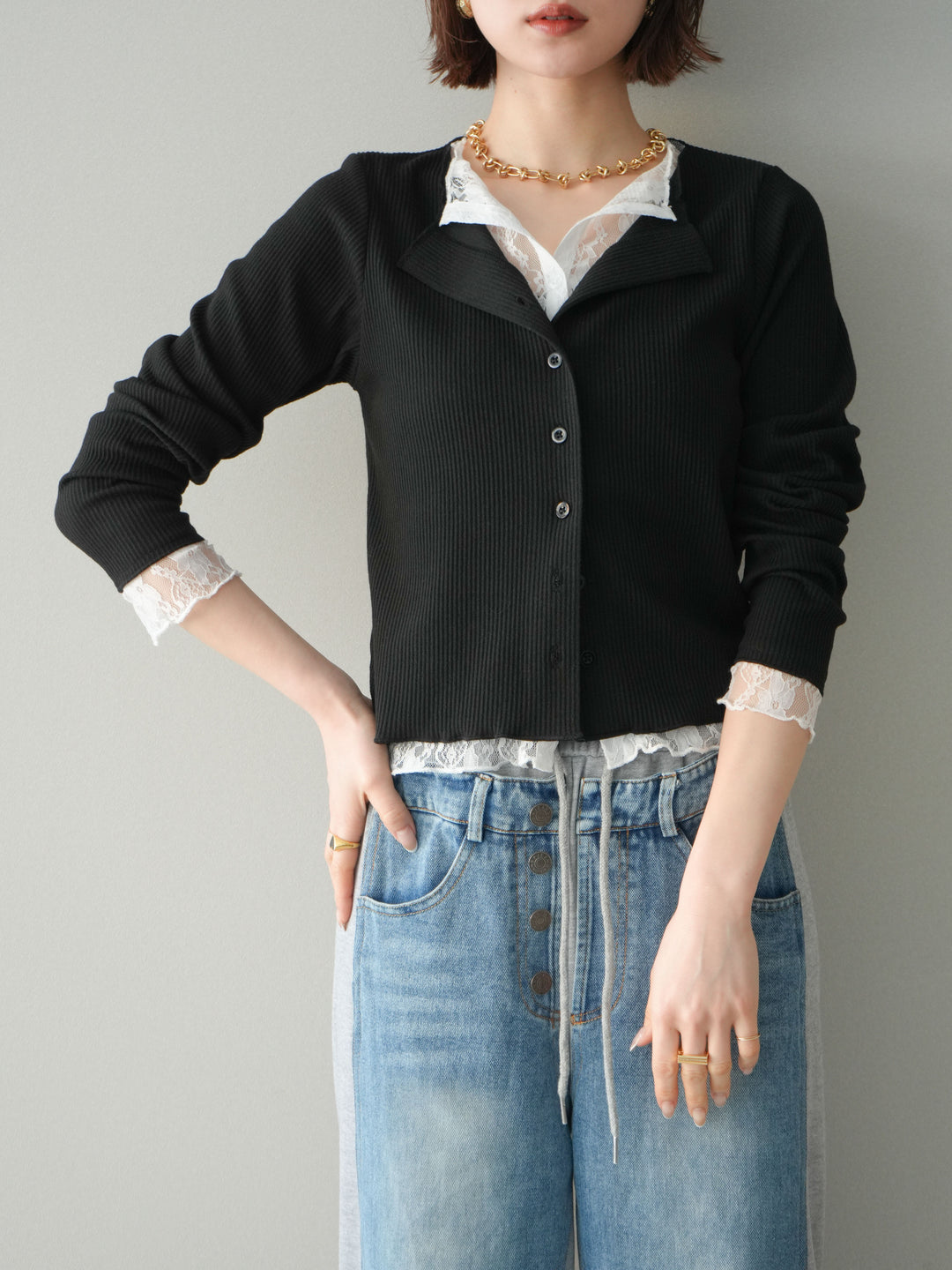 [SET]レースドッキングテレコリブカーディガン+選べるアクセセット(2set)