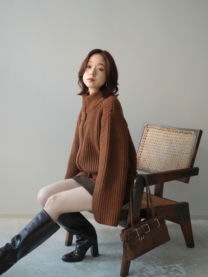 [予約]畦編みボトルネックZIPニットカーディガン/brown