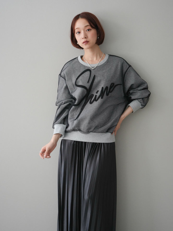 [SET]チュールレイヤードロゴスエットプルオーバー+サテンプリーツマキシスカート(2set)