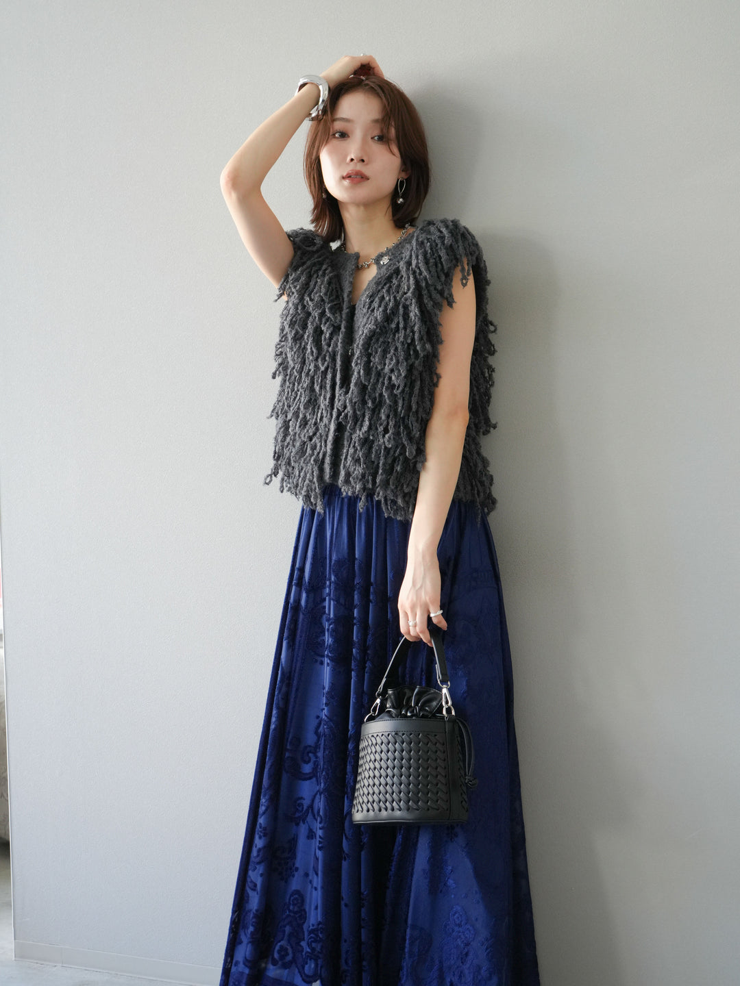 [予約]フリンジループニットベスト/チャコール