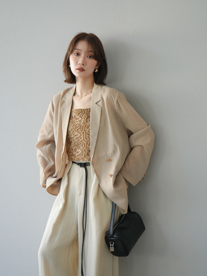 [SET] 金色扣環透視外套 + 滾邊花朵透視天鵝絨吊帶背心 + 繩紋腰帶麻感寬褲 (3 件套)