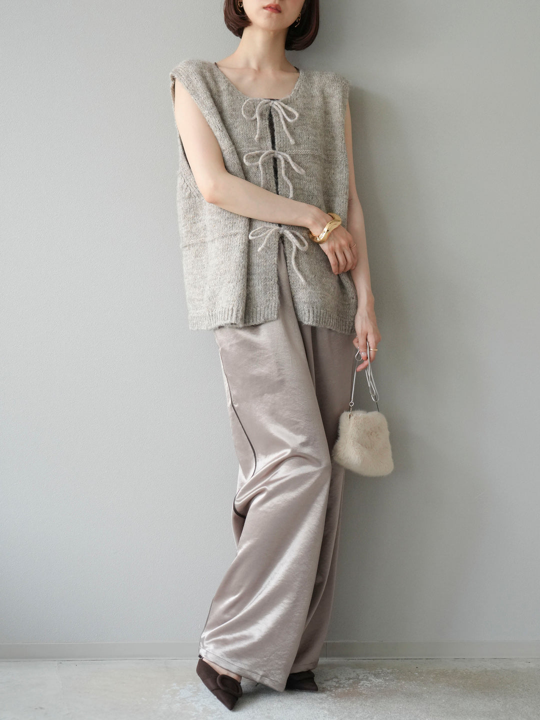 [予約]サテンラインワイドパンツ/グレージュ