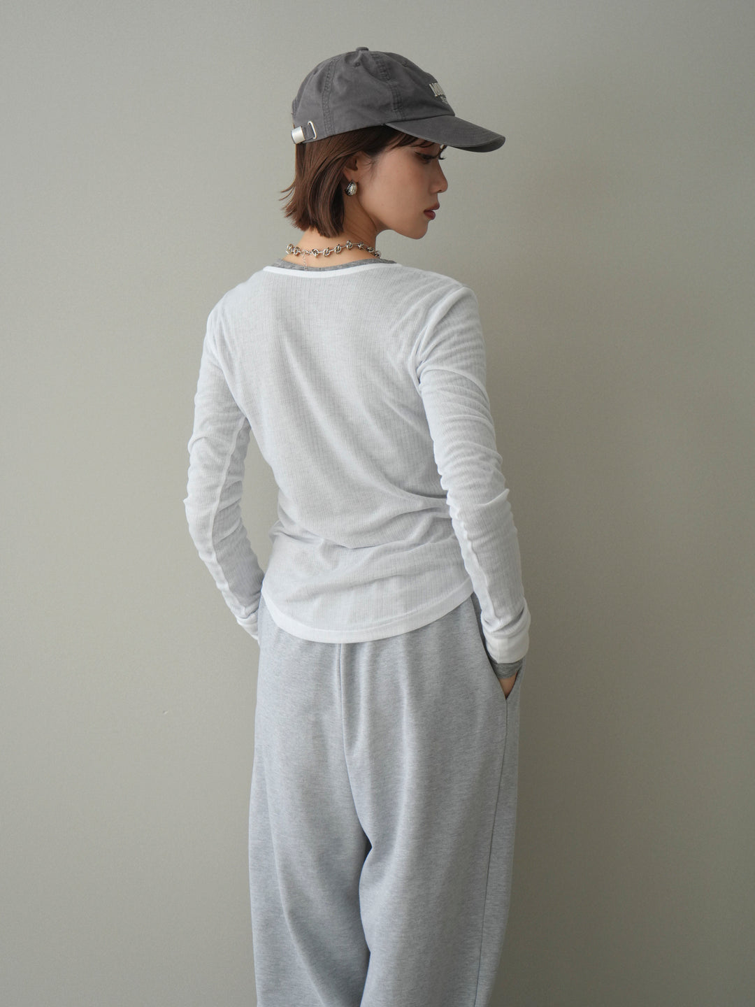 [予約]シアーリブヘンリーネックロンT/white