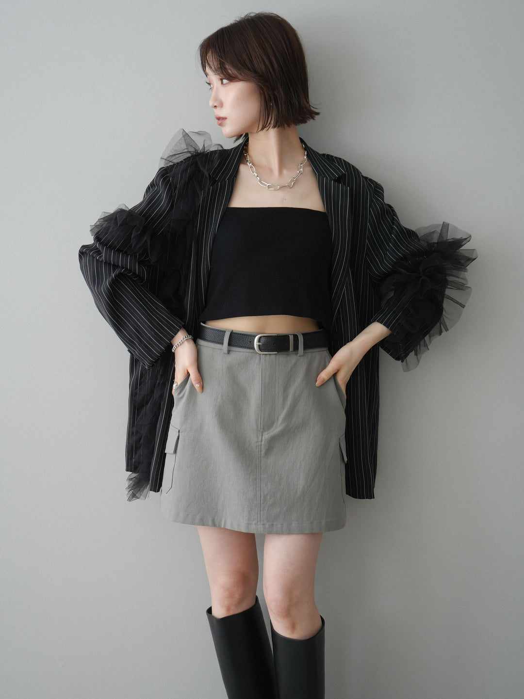 [予約]アシンメトリーチュールストライプジャケット/black